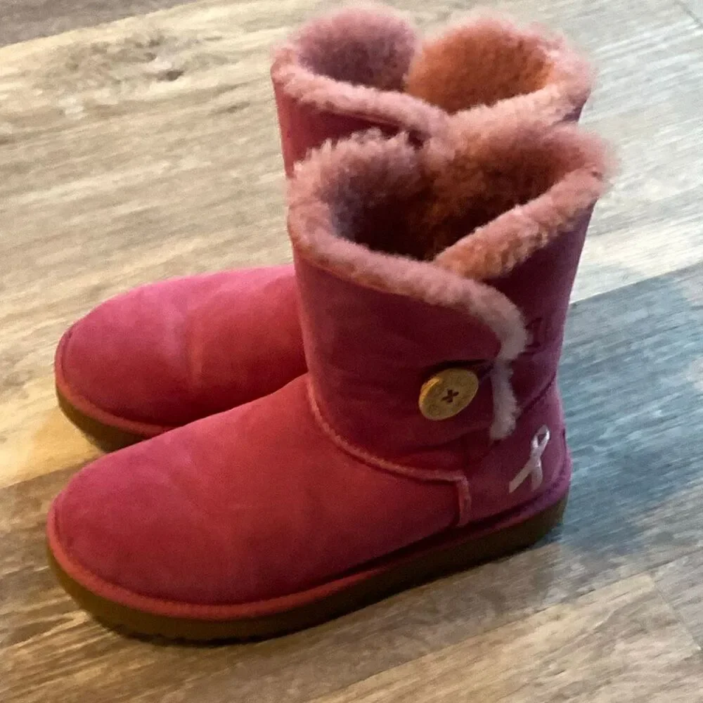 UGG Australia Pink Ribbon Tall Boots Womens Size 7 Suede Sheepskin EU 38